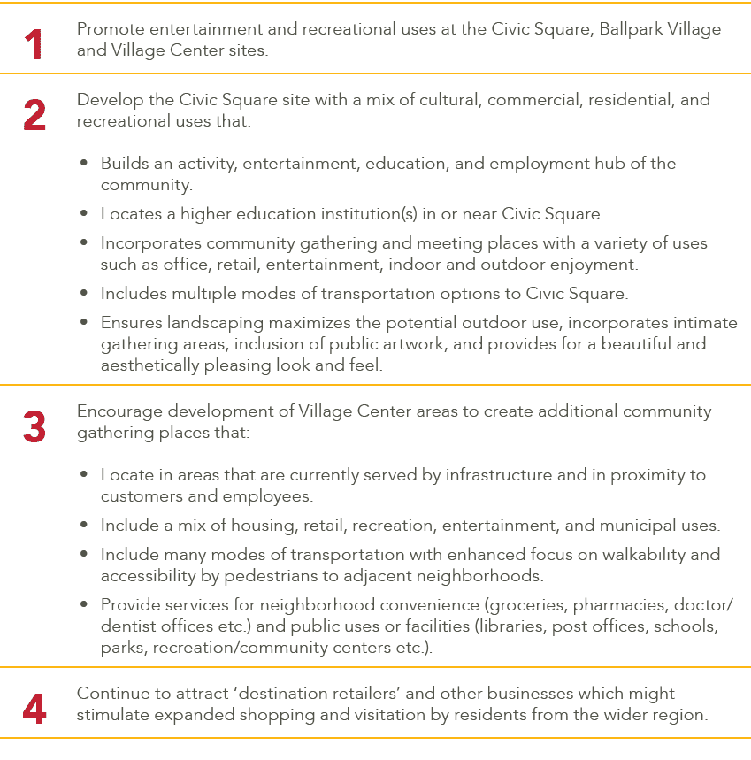 1,Promote entertainment and recreational uses at the Civic Square, Ballpark Village and Village Center sites.,2,Devel...