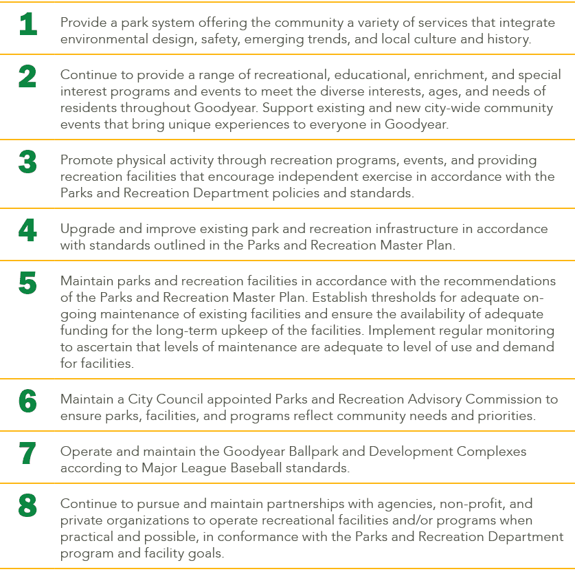 1,Provide a park system offering the community a variety of services that integrate environmental design, safety, eme...