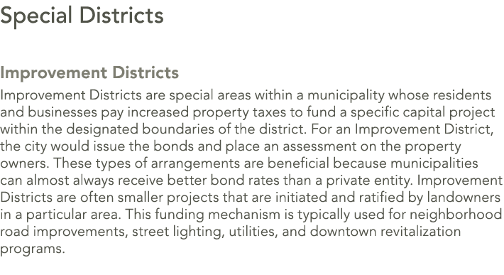 Special Districts Improvement Districts Improvement Districts are special areas within a municipality whose residents...