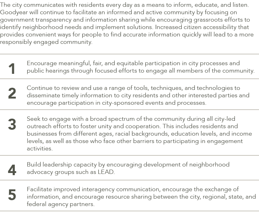 The city communicates with residents every day as a means to inform, educate, and listen. Goodyear will continue to f...