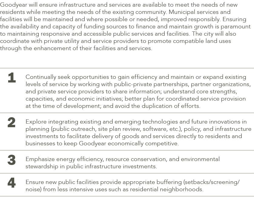 Goodyear will ensure infrastructure and services are available to meet the needs of new residents while meeting the n...
