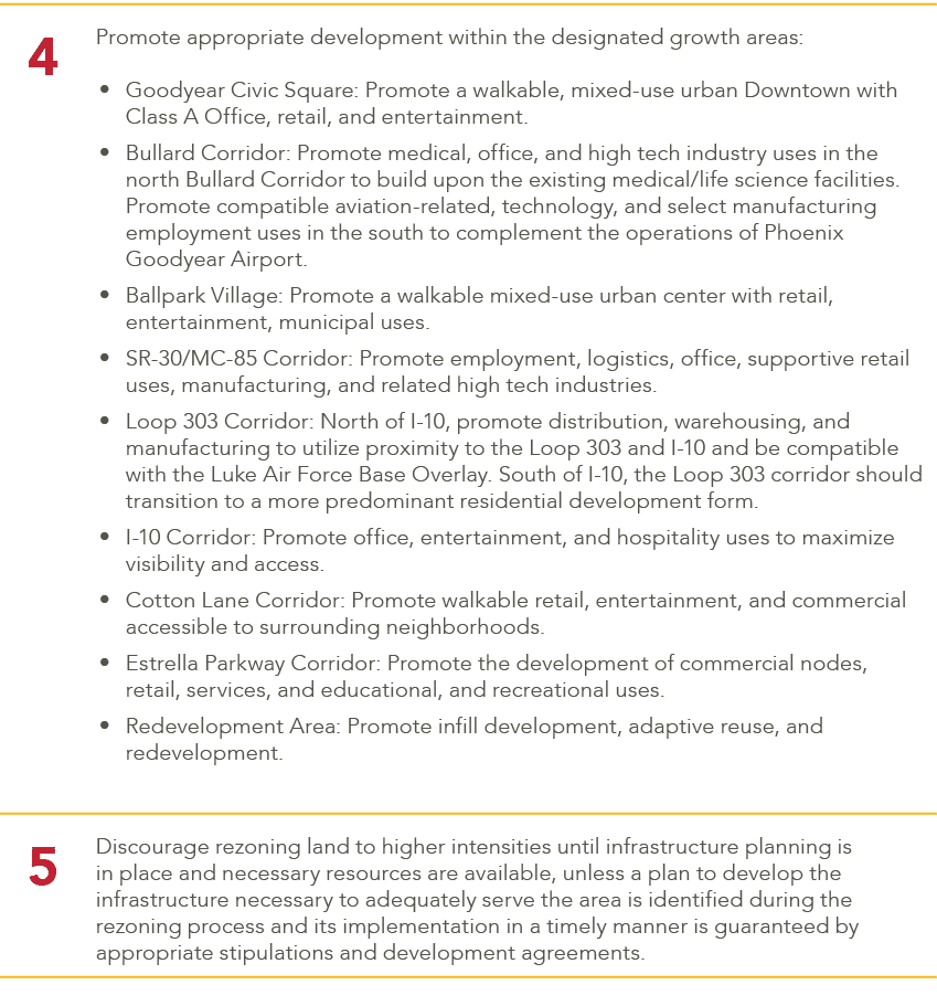 4,Promote appropriate development within the designated growth areas: Goodyear Civic Square: Promote a walkable, mixe...