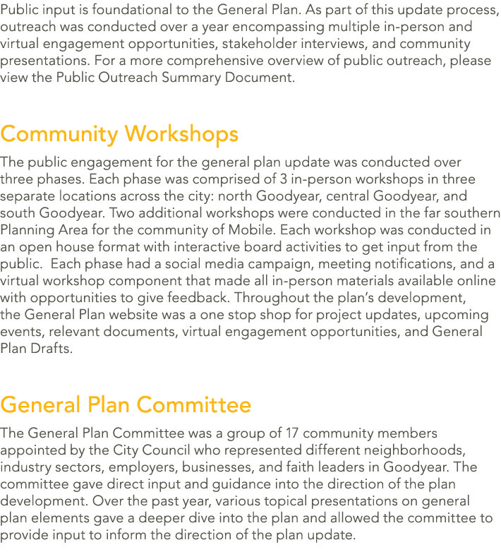 Public input is foundational to the General Plan. As part of this update process, outreach was conducted over a year ...