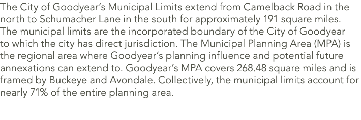 The City of Goodyear’s Municipal Limits extend from Camelback Road in the north to Schumacher Lane in the south for a...